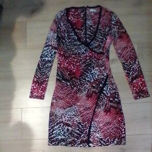 Calvin Klein Red and Black Patterned Long Sleeve Dress
